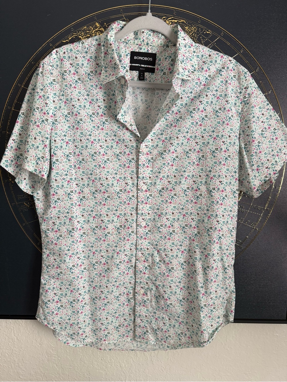 Bonobos White Short-Sleeve Button-Down Shirt with Pink & Green Floral Print